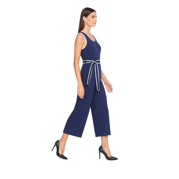 Karl Lagerfeld Navy White-Trim Jumpsuit 14 | Wide Leg Sleeveless Belted NWT - Picture 4 of 15